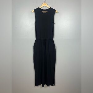Pact black organic cotton elastane blend drawstring elastic waist dress, small.
